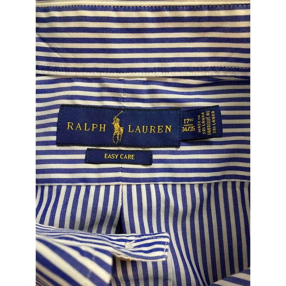 Ralph Lauren Shirt Mens 17.5 Blue White Stripe Pony Logo Button Up Preppy Career - Picture 3 of 10